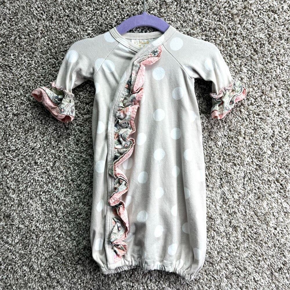 Haute Baby Gray Polka Dot and Pink Ruffle Gown in Size 0-3M